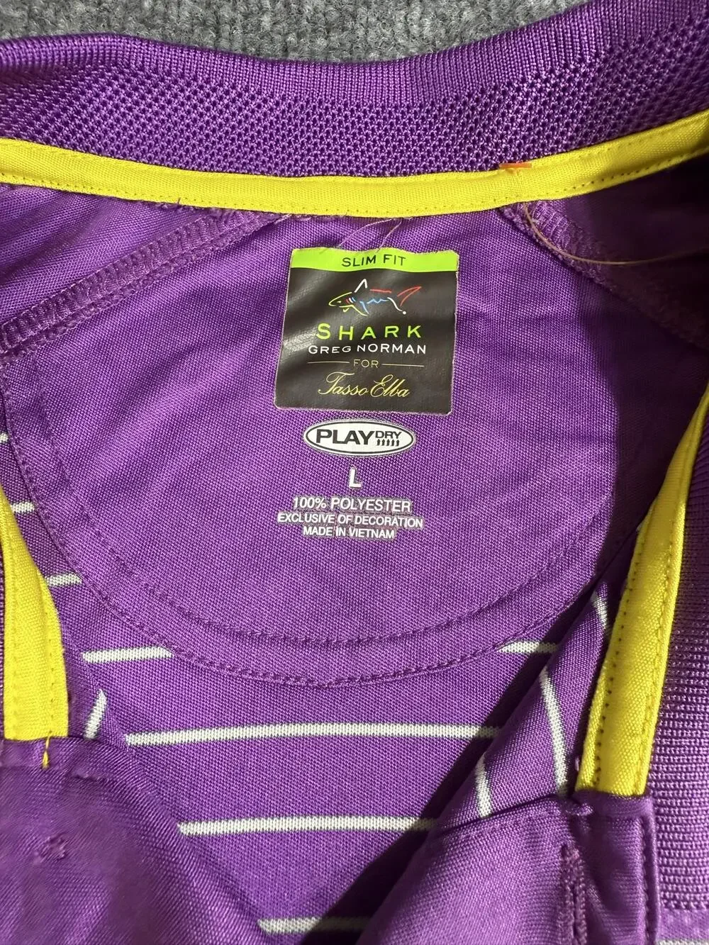 Greg Norman For Tasso Elba Polo Shirt Mens Large Purple Striped PlayDry Golf Top